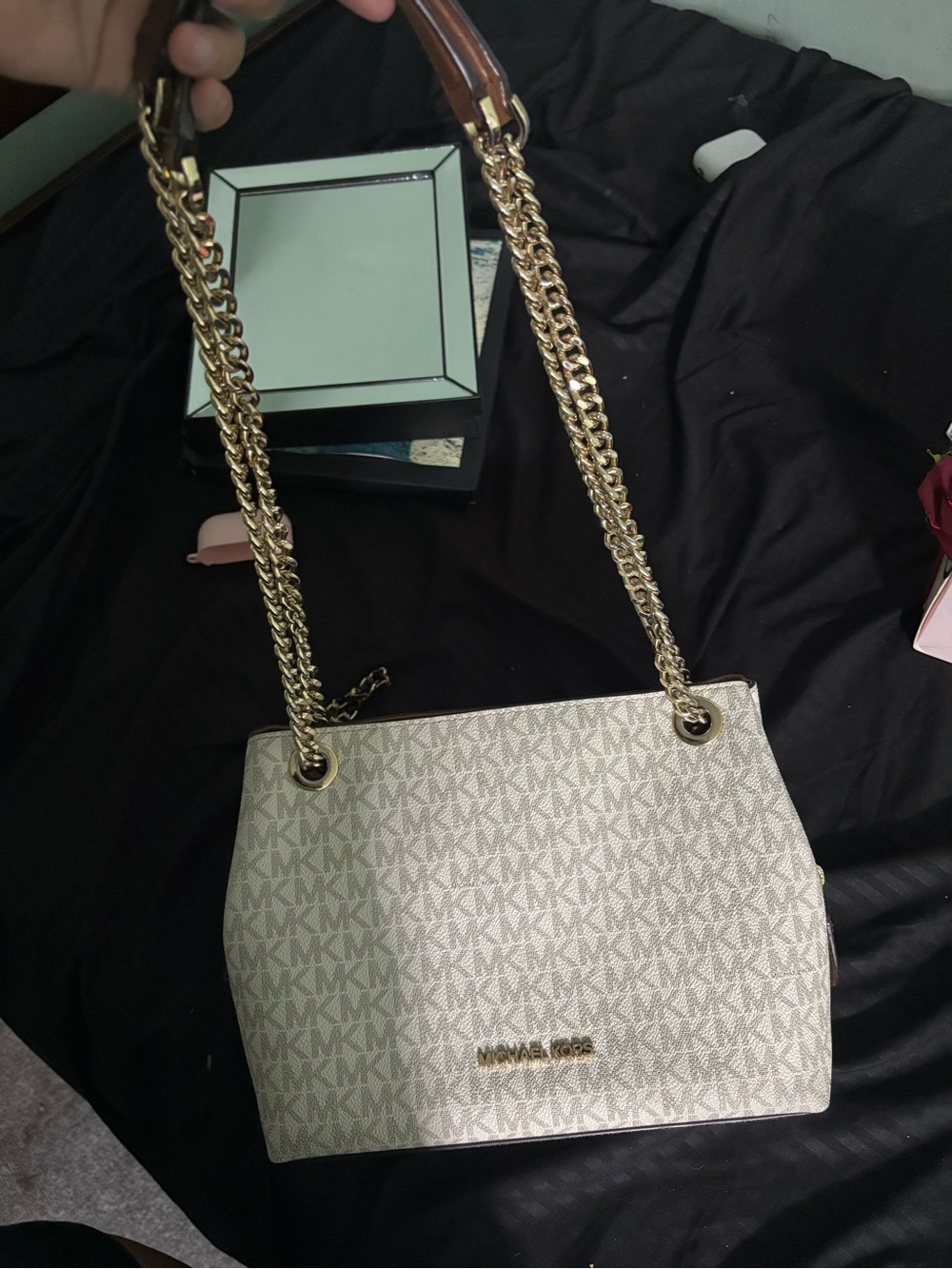 Michael Kors Beige Signature Chain-Handle Shoulder Bag